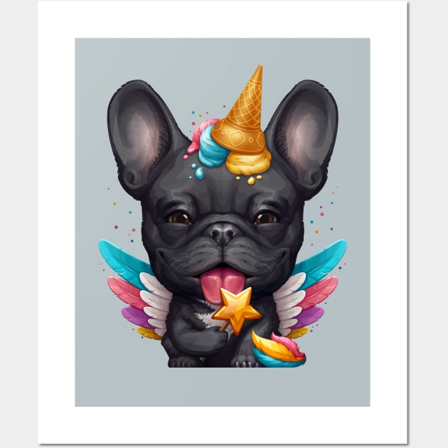 Black French Bulldog Ice Cream Unicorn Wall Art by stonemask